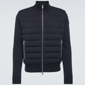 réplique de luxe Moncler Cardigan en coton bordé de cuir en bleu