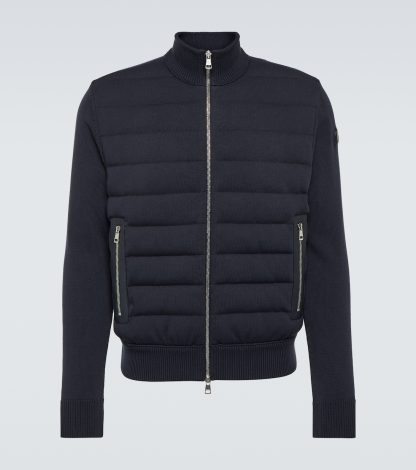 réplique de luxe Moncler Cardigan en coton bordé de cuir en bleu